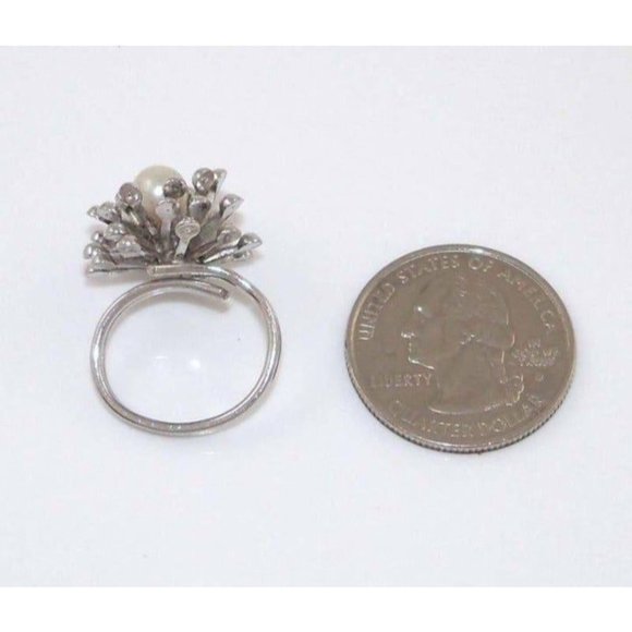 Beau Sterling Silver Faux Pearl Star Burst Ring Size 5 Adjustable - Picture 3 of 3